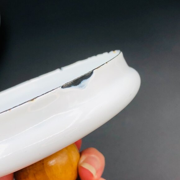 Vintage White Gray Yellow Stripes Enamel Fondue Pot and Lid Wood Handle Saucepan - Picture 11 of 13